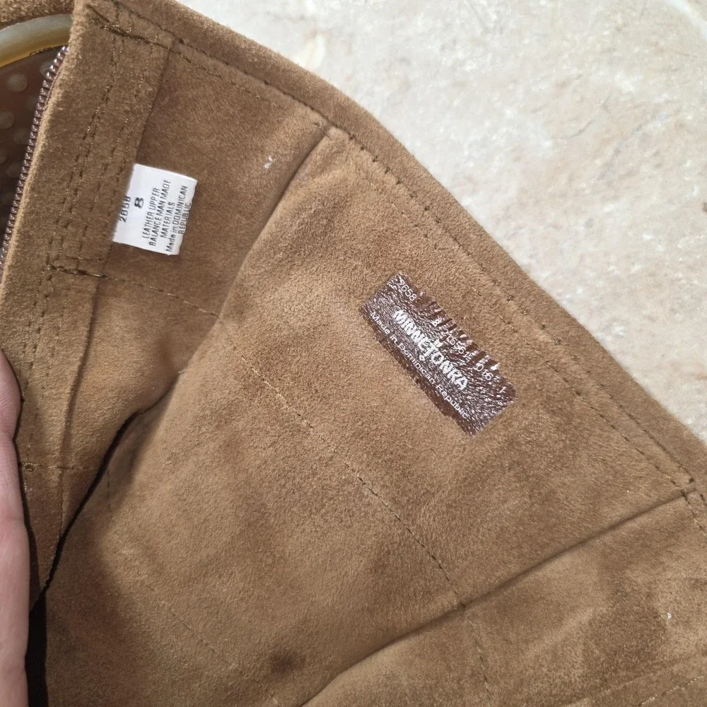 Minnetonka Fringe Boots Girls 8 Brown Suede 3 Layer Western Tall Zip Moccasin